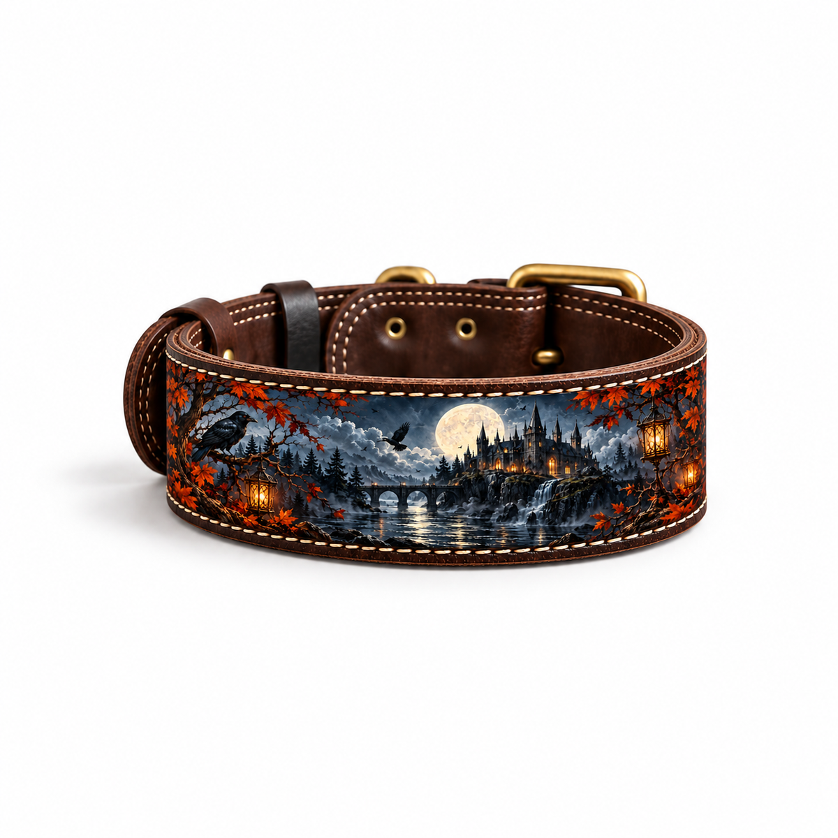 A brown leather dog collar with a detailed, colorful printed design of a spooky night landscape featuring a full moon, crows, and autumn leaves, finished with brass hardware.