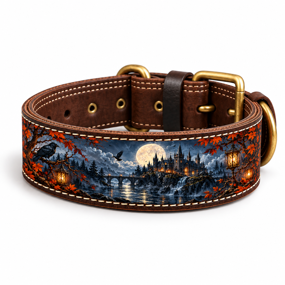 A brown leather dog collar with gold-tone hardware, featuring a detailed printed design of a gothic castle by a river at night under a full moon, with crows, autumn leaves, and lanterns.