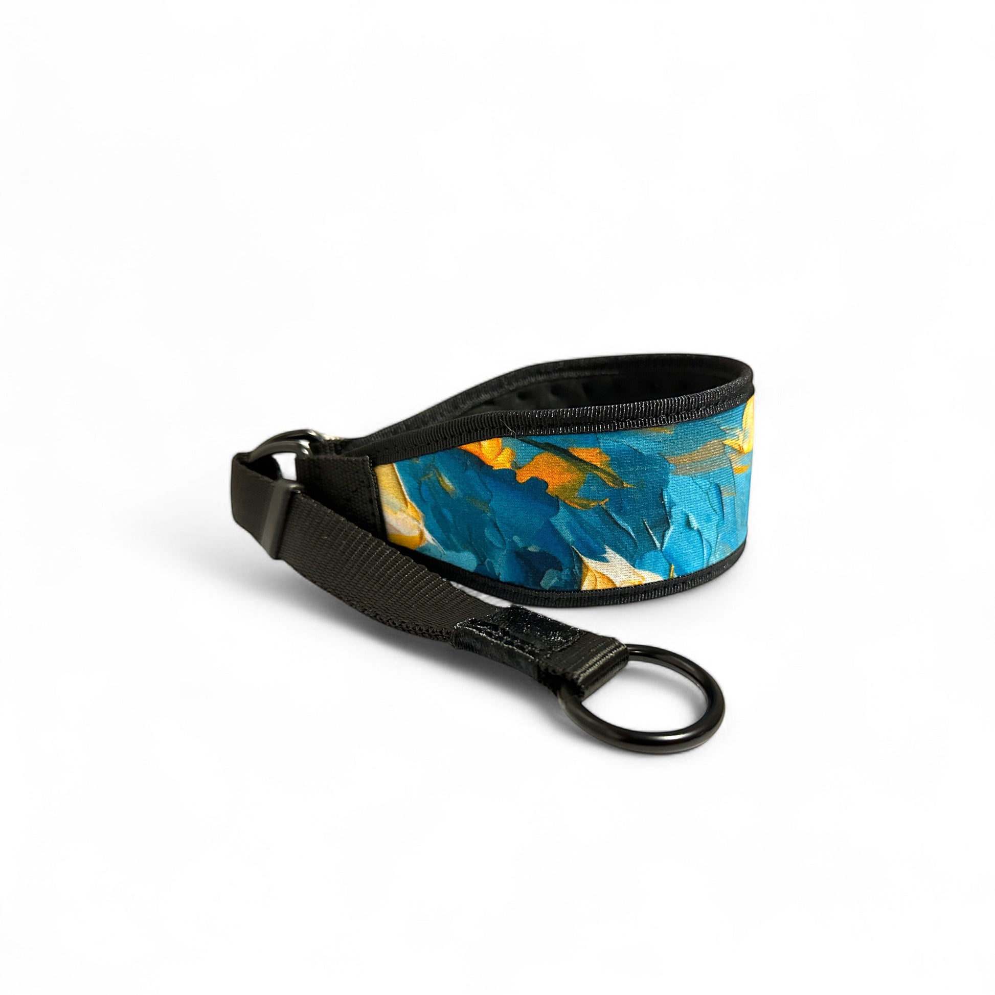 Dog collar with blue and yellow abstract design on a white background
