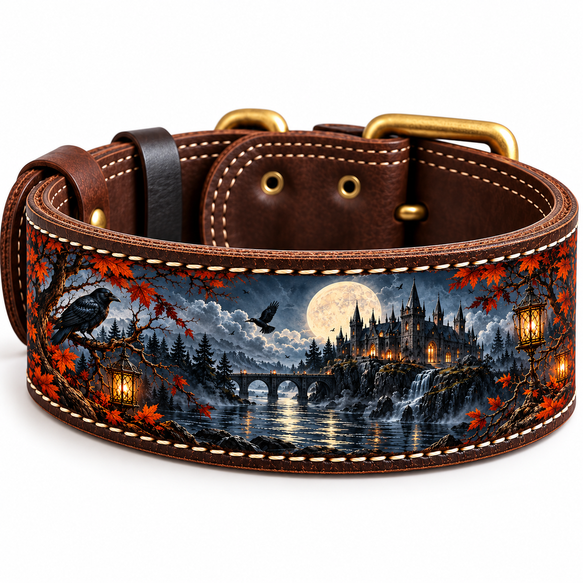 Close-up of MOONLIGHT leather dog collar with gothic moon, castle and raven artwork