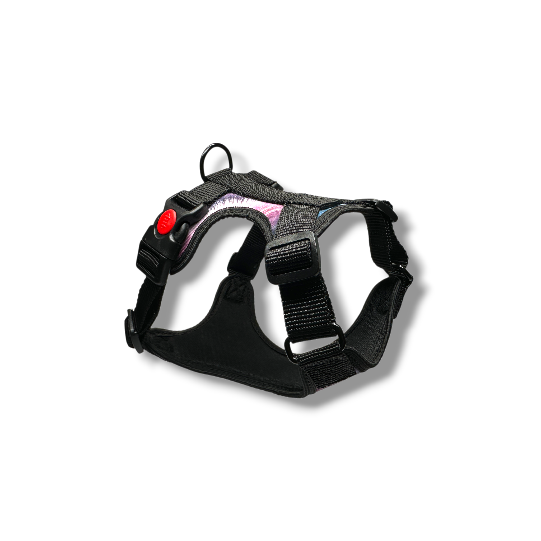 Black dog harness with a red button on a white background