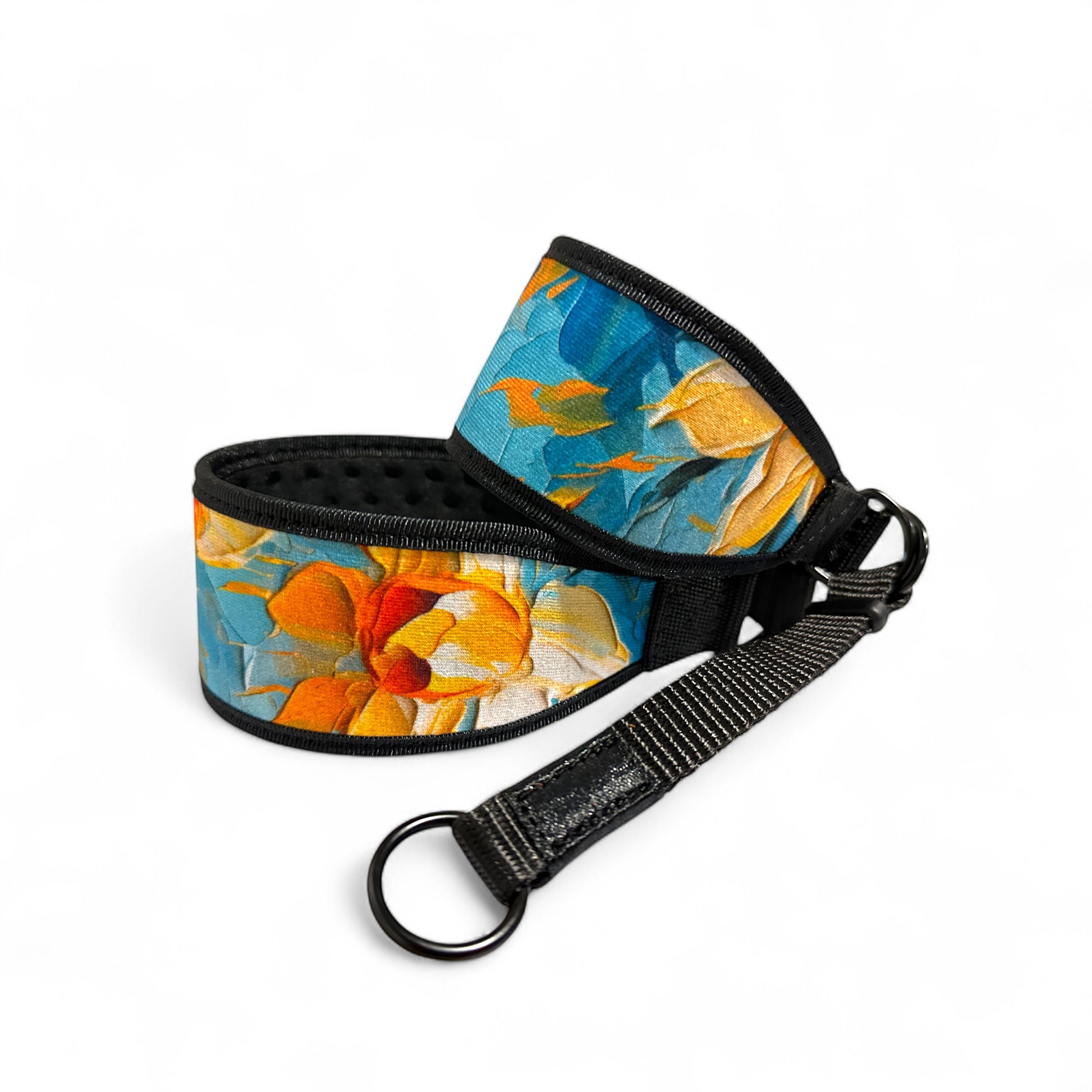 Floral-patterned dog collar martingale on a white background