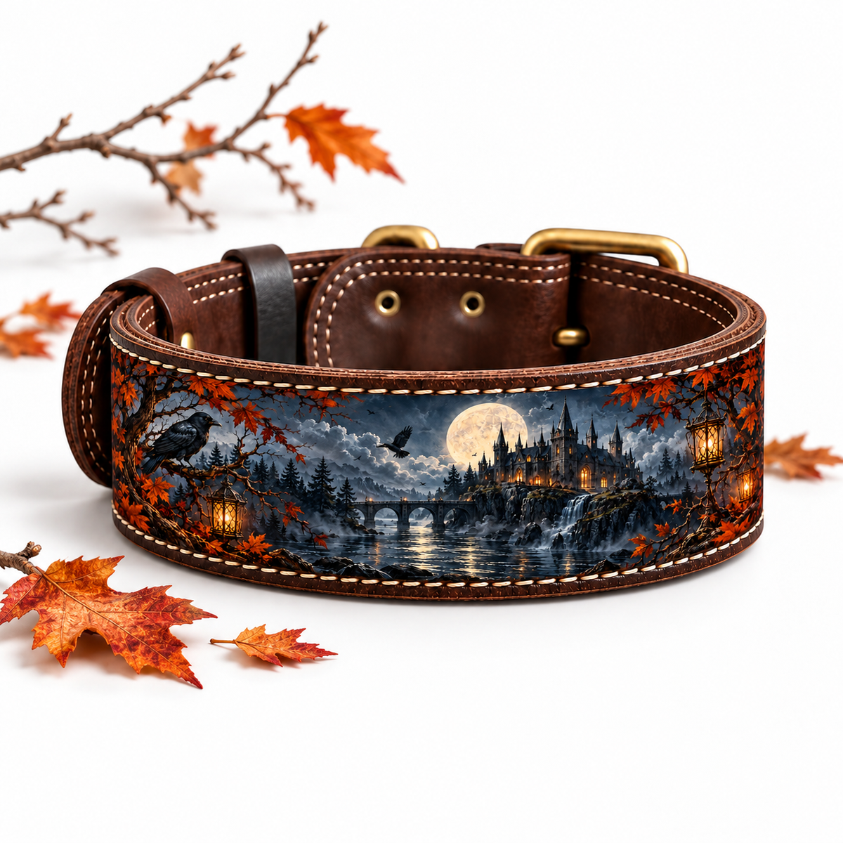 A brown leather dog collar with a detailed fantasy illustration of a castle by a river at night under a full moon, styled with autumn leaves on a white background.