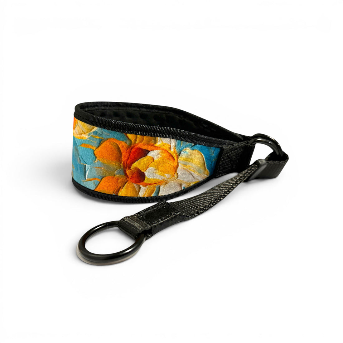 Floral-patterned dog collar with a strap on a white background