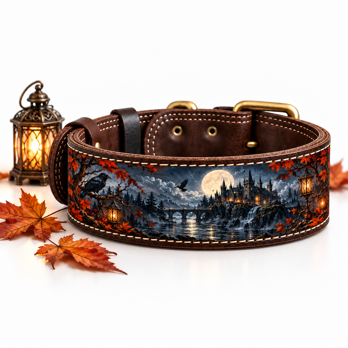 MOONLIGHT natural leather dog collar with lantern, autumn leaves and gothic castle design