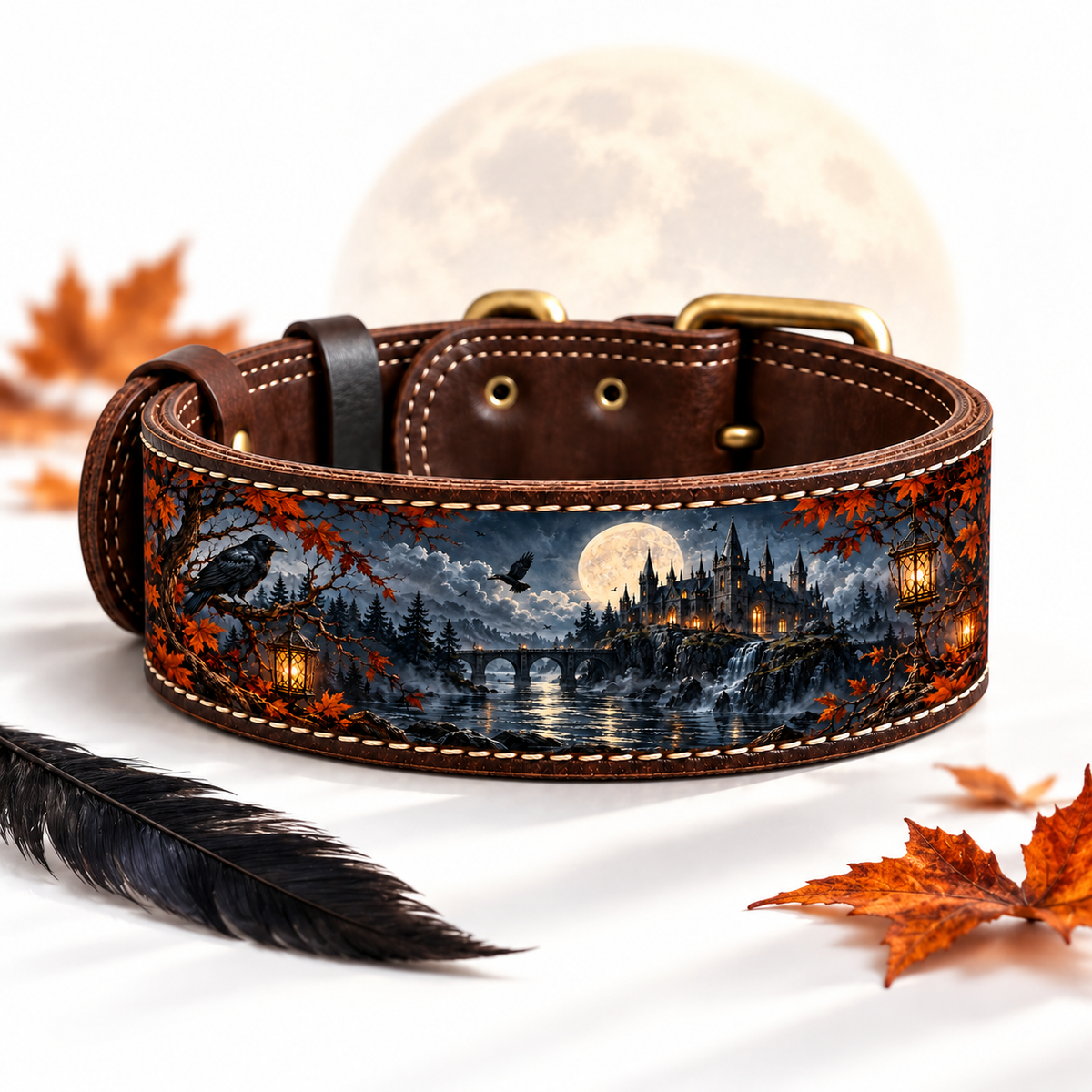 A brown leather dog collar with a detailed printed design of a moonlit castle scene, displayed on a white surface with autumn leaves, a black feather, and a large moon in the background.