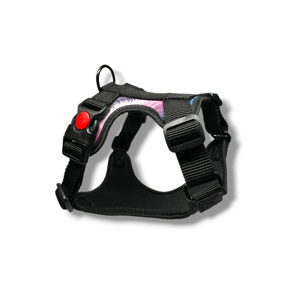 Black dog harness with a red button on a white background