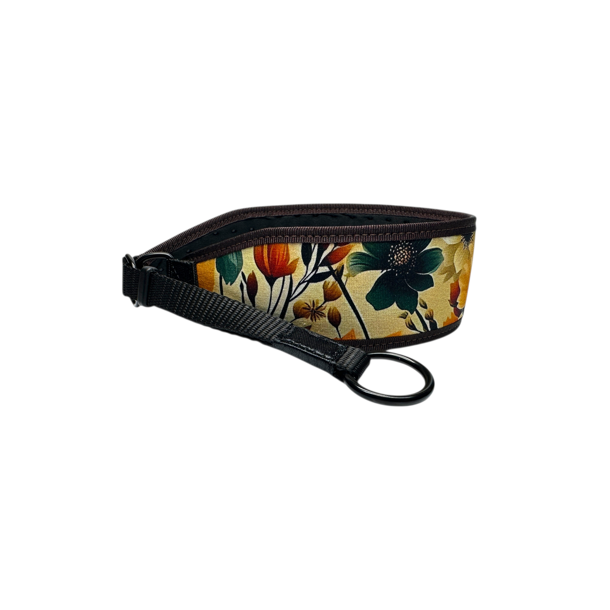 Floral-patterned collar with a black strap on a white background