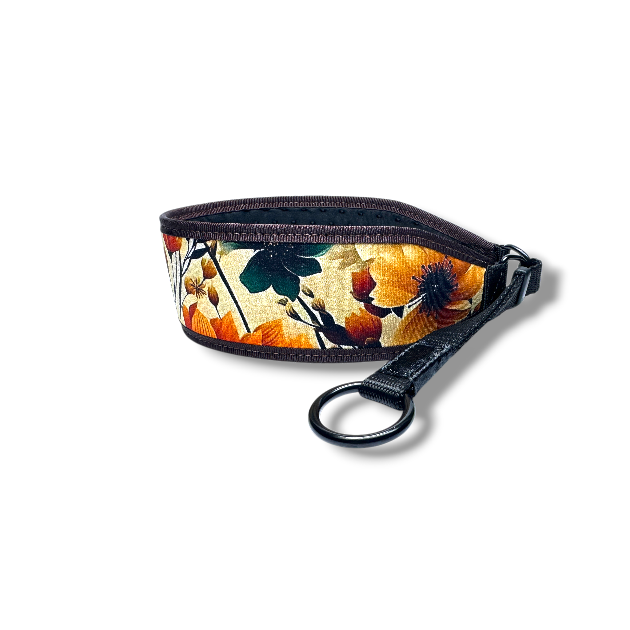 Floral-patterned dog collar with a black strap on a white background