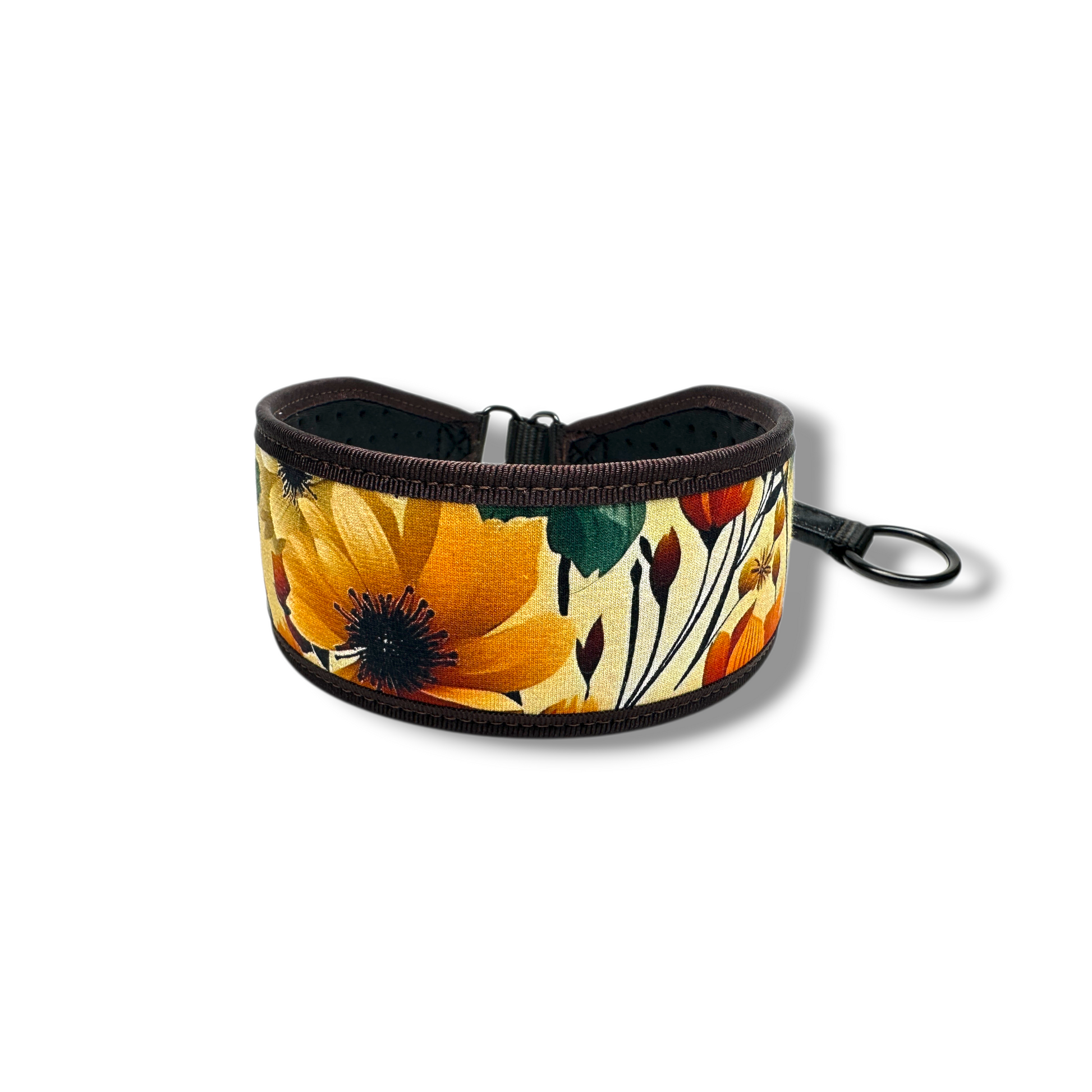 Neoprene dog collar with floral pattern on a white background