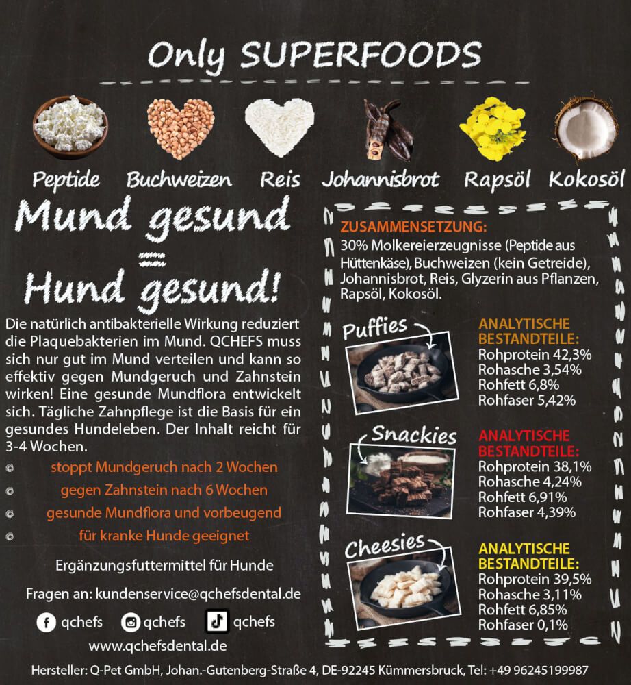 Dog treat package with text about dental health and German branding