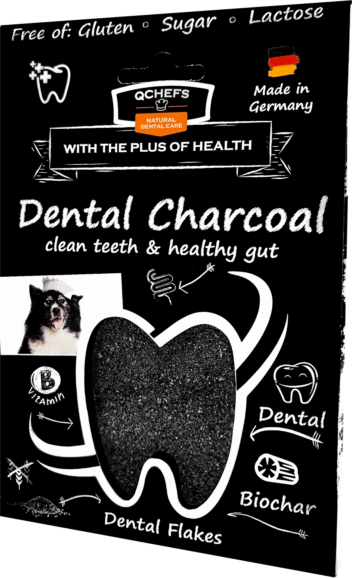 A black package labeled 'Dental Charcoal' with white chalk-style graphics, including a large tooth outline, a small dog photo, and text stating 'Dental Flakes' and 'Made in Germany.'.