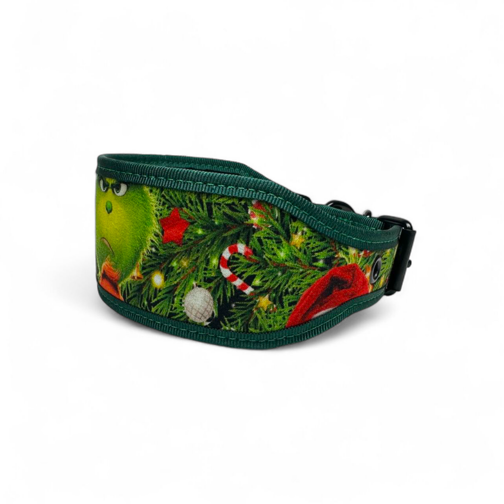 Dog collar with Christmas-themed design on a white background