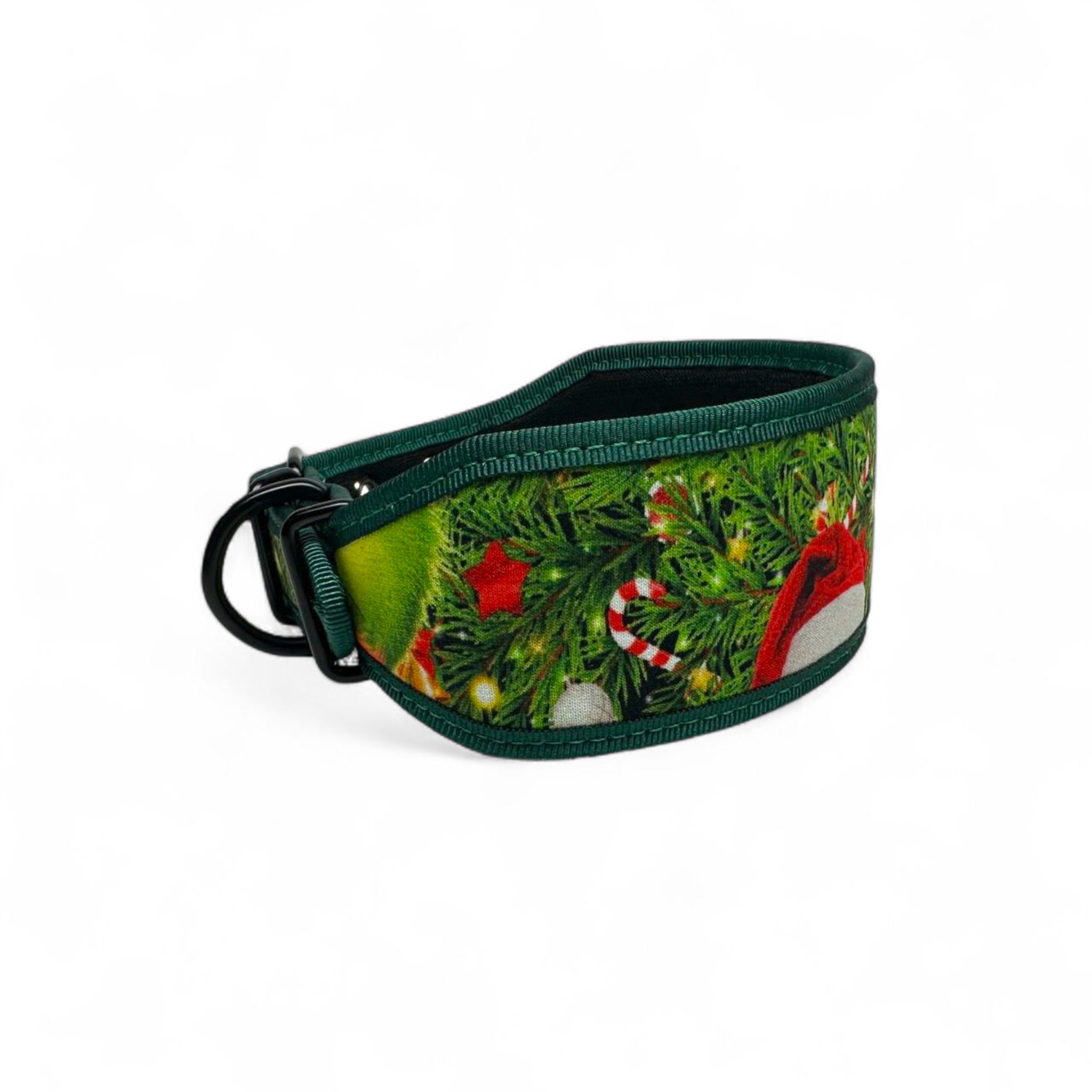 Green dog collar with Christmas-themed design on a white background