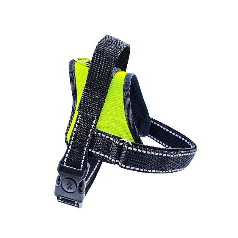 A bright neon yellow dog harness with black straps and a sturdy handle, designed for medium and large breed dogs.