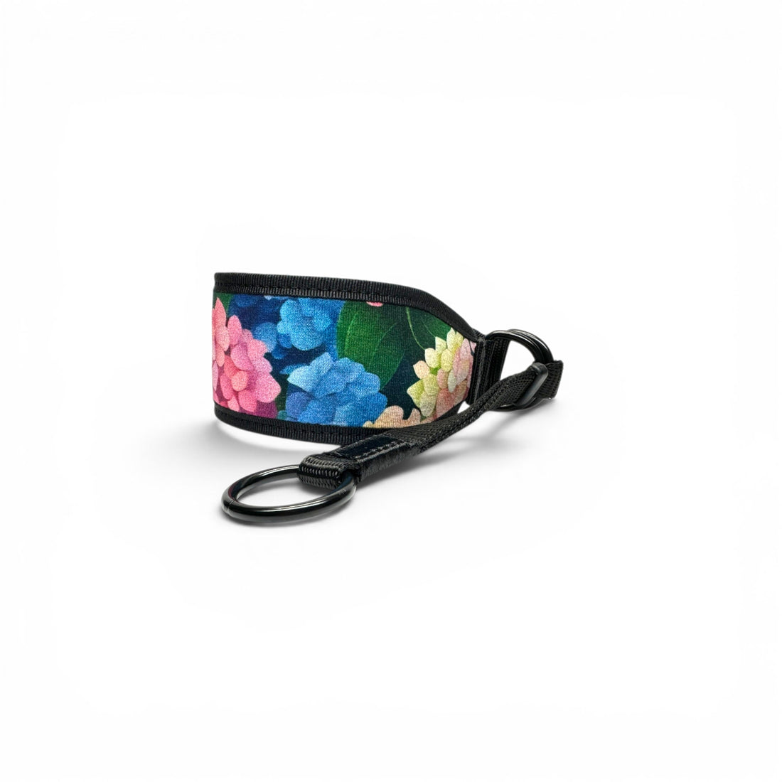 Hydrangea martingale dog collar with a colourful floral print and black metal control ring.