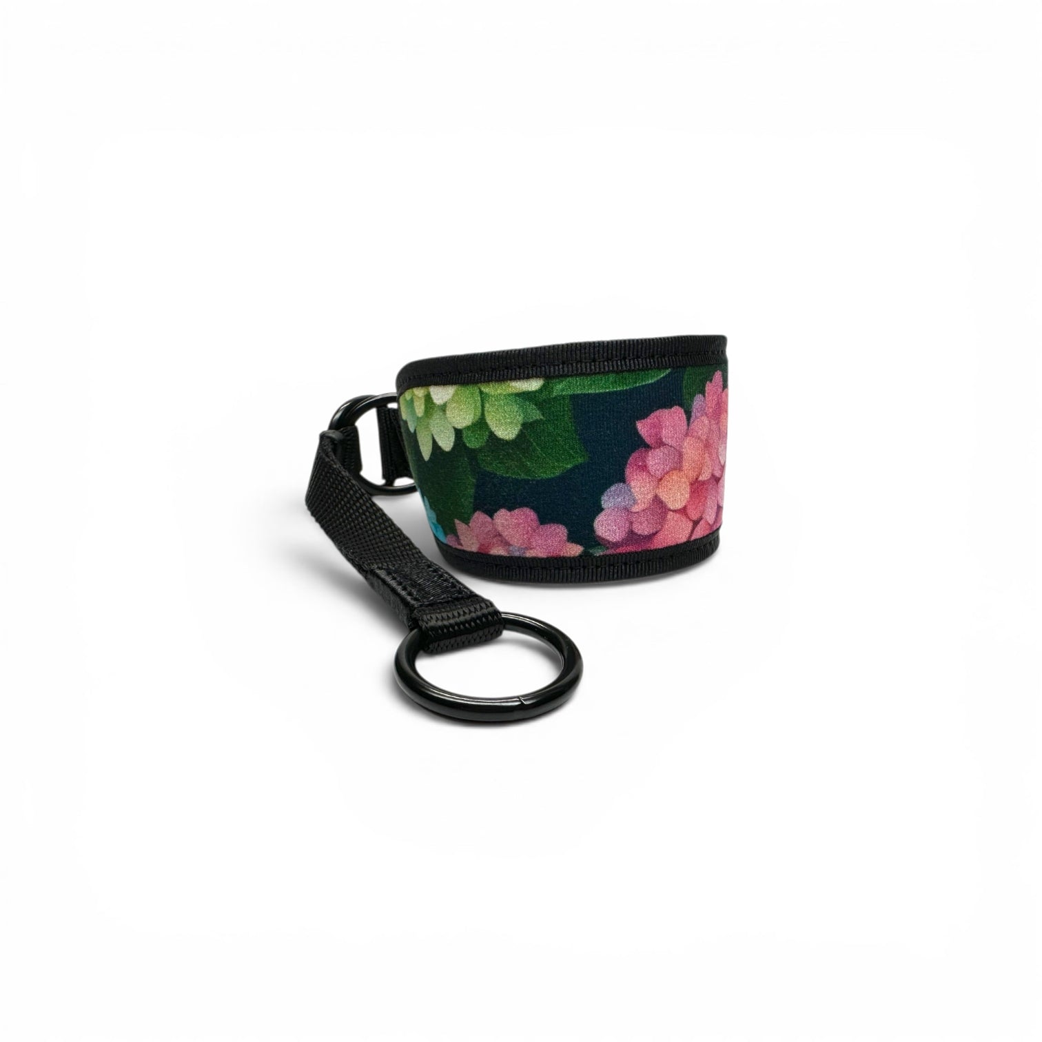 Hydrangea martingale dog collar showing the wide floral neck loop and black metal lead ring.