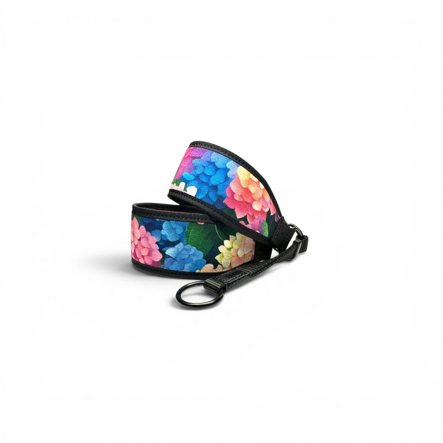 Open Hydrangea martingale dog collar with pink and blue flowers, neoprene lining and metal hardware.