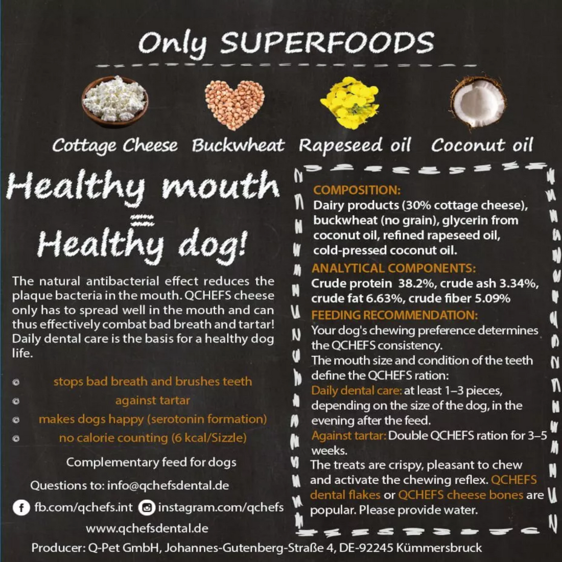 Dog treat packaging for dental health with text and images of a dog and teeth.