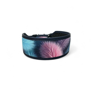 Neoprene dog collar with a colorful palm leaf pattern on a white background