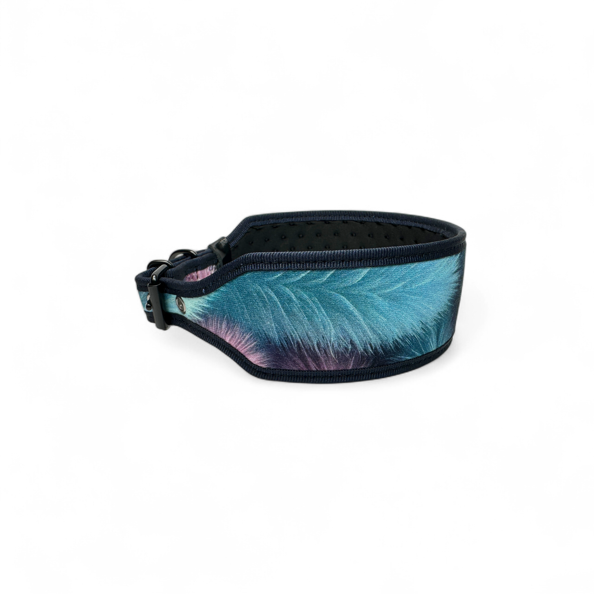 Neoprene wristband with feather pattern on a white background